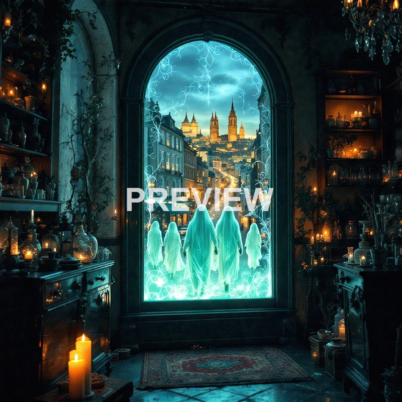 Inside a dimly lit room filled with candles and glassware, ghostly figures walk through an arched window revealing a cityscape with a castle on a hill and lightning in the sky.